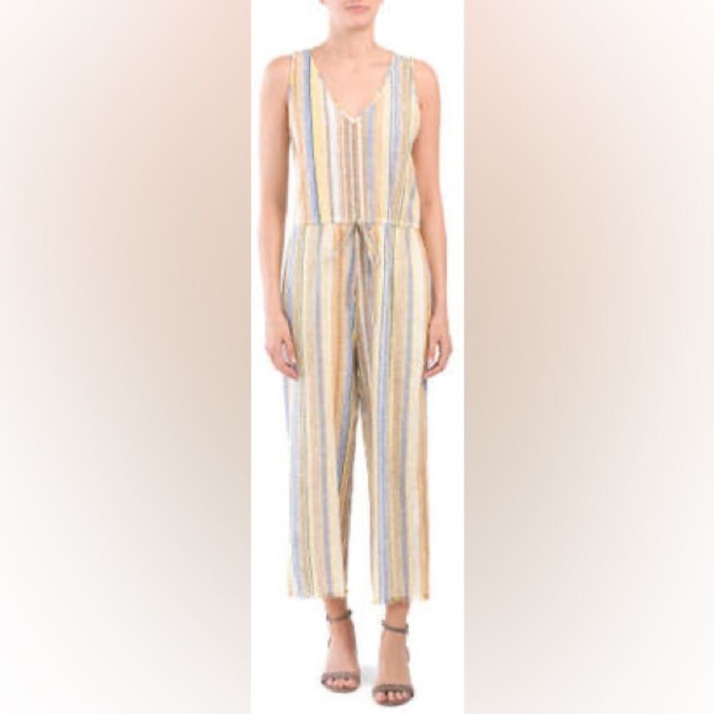 Anthropologie Drew Coy Striped Linen Blend Jumpsuit Size Small